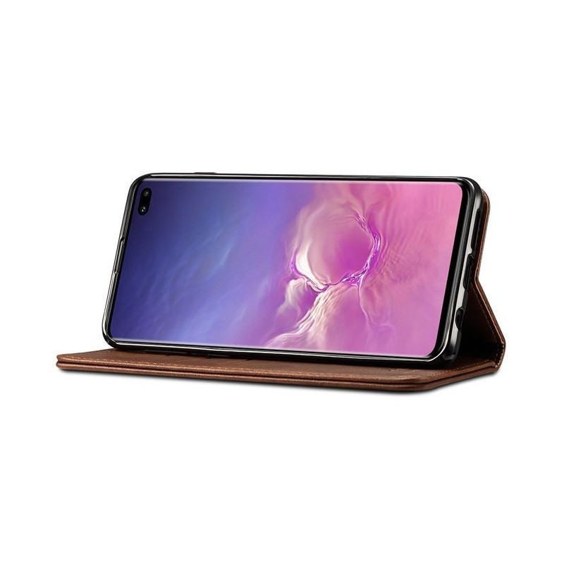 étui support rétro avec pochettes pour Samsung Galaxy S10 plus - Brun
