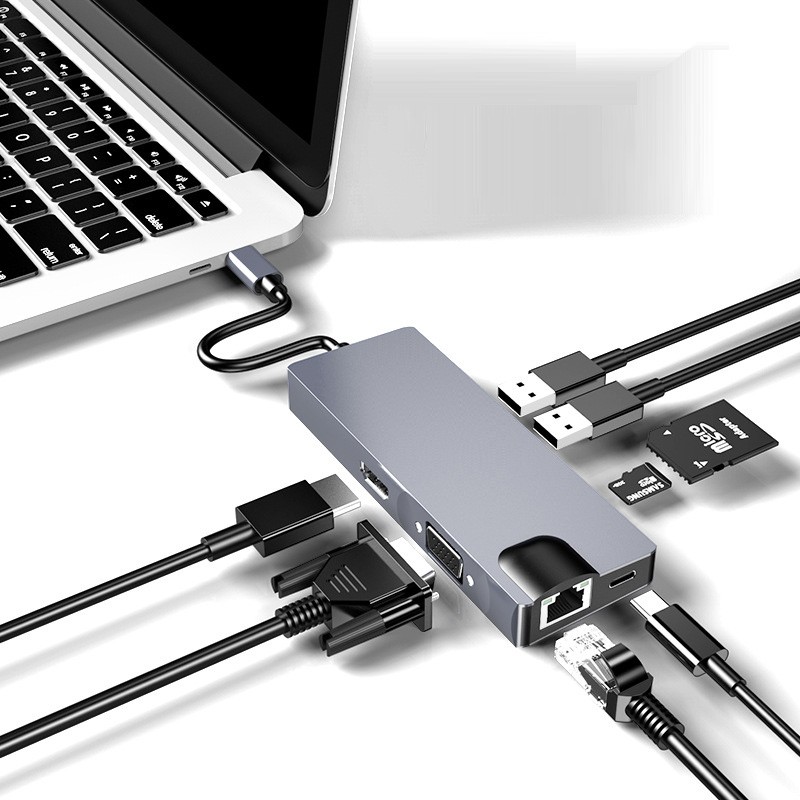 Adaptateur USB C  HUB 8 en 1 vers VGA, HDMI 4K, Ethernet RJ45, Port Type C PD, 2 x USB 3.0 et Lecteur de Carte SD/TF