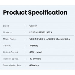 UGREEN Câble USB C vers USB C 3.1 Supporte Vidéo 4K 60Hz Charge Rapide PD 60W - 200cm