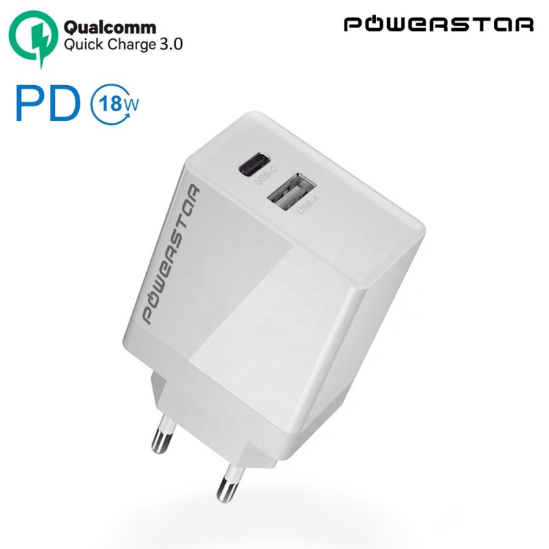 Chargeur rapide "PowerStar" ® "Jupiter" PD + QC 3.0 18W + 18W Blanc