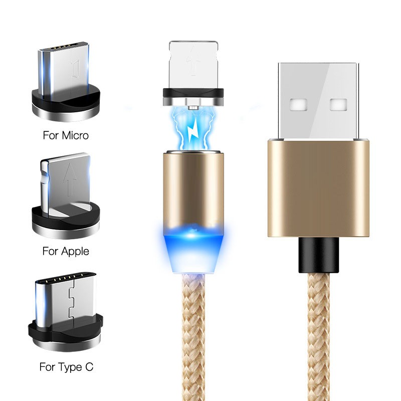 Recharge USB 3 en 1 LED magnétique tressé pour pour iPhone iPad Galaxy, HTC, Google, LG, Sony, Huawei, Xiaomi (3 têtes)