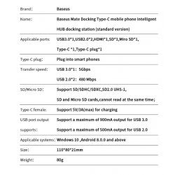 Dock Type-C Station d'accueil de moyeu de USB type C Baseus pour Samsung S10 S9 Dex Station de protection USB-C