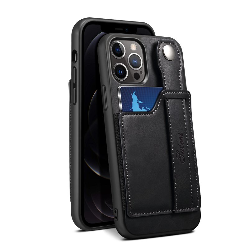 iPhone 14 Pro Max - Coque en cuir Noir avec la pochette et la poignée