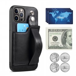iPhone 14 Pro Max - Coque en cuir Noir avec la pochette et la poignée