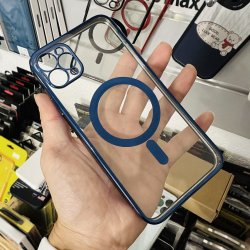 iPhone 14 - Coque Transparente magsafe bord Bleu avec Cercle magnétique intégré