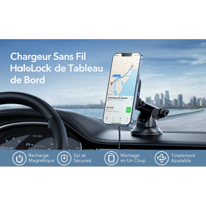 Support Chargeur Sans Fil Magnétique HaloLock™ à Voiture