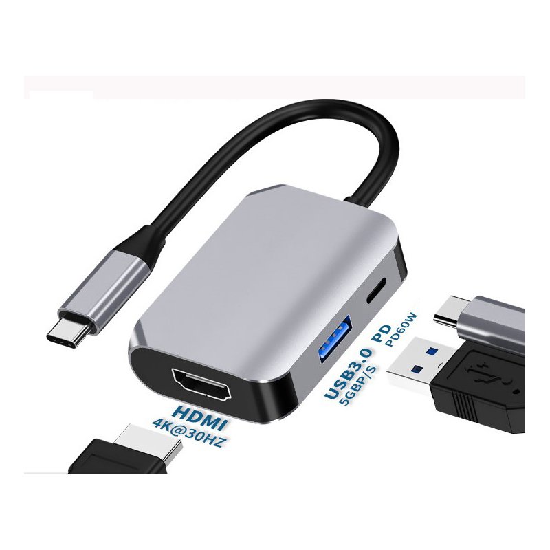 Hub USB type C vers HDMI 4K 30HZ & 2K 60HZ, 3 x USB3.0, Lecteur de