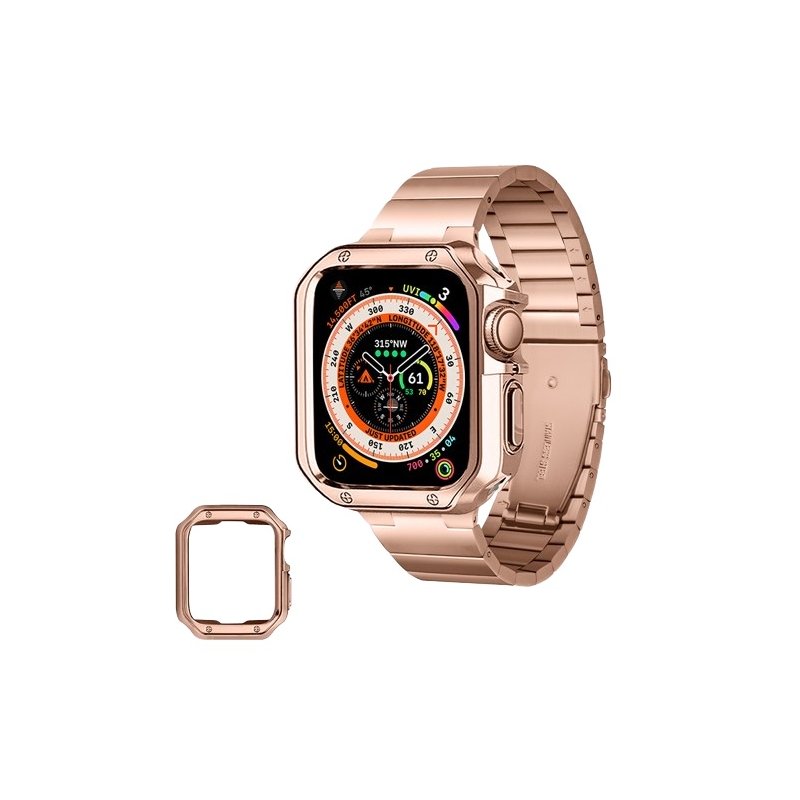 Apple watch ultra 49mm - Bracelet métal de lux doré rose (protection cadre souple offerte)