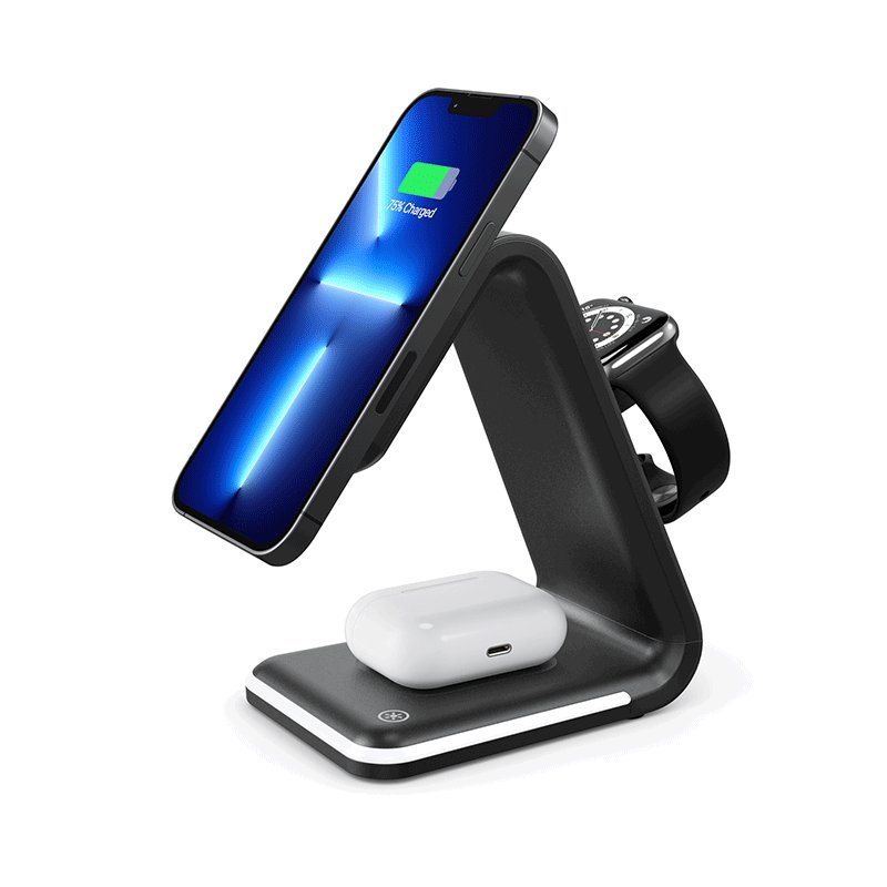 Support de chargeur magnétique iPhone apple watch et airpods Dock magsafe 3 en 1 Blanc/Noir