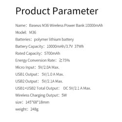 Baseus 10000mAh Qi chargeur sans fil batterie d'alimentation batterie externe chargeur sans fil Powerbank