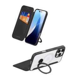 iPhone 16 Pro (Max) 16(Plus) - Etui clapet portefeuille noir avec magsafe en béquille