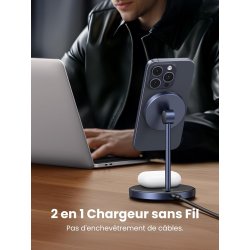 UGREEN MagFlow Chargeur Induction iPhone Qi Compatible avec MagSafe Chargeur sans Fil 2 en 1 Stand Chargeur Rapide